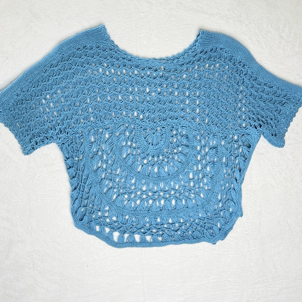 One World Crochet Boho Festival Top Blue Open Knit Short Sleeve PL Coverup